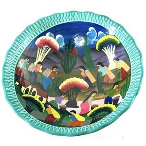 Vintage Mexican Hand Painted Folk Art Pottery Bowl 7.75” Tripod Base